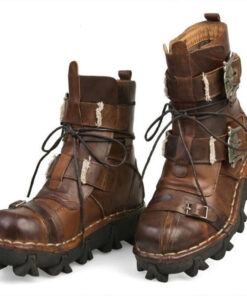 Men's Cowhide Genuine Leather Motorcycle Boots Military Combat Boots Gothic Skull Punk Boots